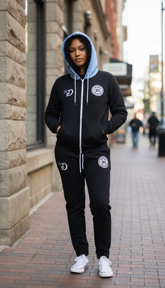 BLACK WITH BLUE HOOD "313" SWEATSUIT